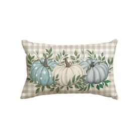 AVOIN colorlife Fall Pumpkin Plaid Throw Pillow Cover 12x20 Inch, Seasonal Autumn Leaves Thanksgiving Harvest Blue Cushion Case Decoration for Sofa Couch