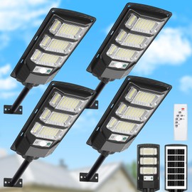 Solar Lights Outdoor Waterproof, 6500K Solar Street Light Outdoor Dusk to Dawn, Flood Light with Motion Sensor and Remote Control, LED Security Light for Parking Lot, Yard-4 Pack