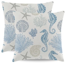Wsunsal Coastal Throw Pillow Covers 18 x 18 Inch Set of 2 Summer Ocean Themed Pillow Covers Beach Seashell Starfish Seahorse Pillow Cases Linen Square Cushion Cover for Home Couch Sofa Bedding Decor
