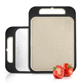 Double-Sided Cutting Board - Stainless Steel Cutting Board - Wheat Straw Cutting Board for Kitchen, for Meat, Veggies & Fruits – Metal Cutting Board with Easy Grip Handle, Dishwasher Safe (1, Large)