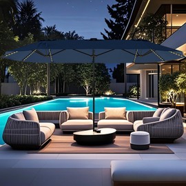 HAPPYGRILL 15.5 FT Double-sided Patio Umbrella with Solar Lights, Outdoor Twin Size Umbrella with Crank Handle & Heavy-Duty Ribs, Oversized Rectangle Umbrella for Garden Deck Poolside (Navy)