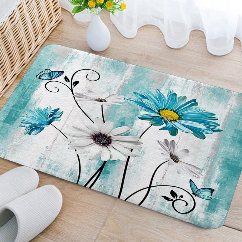 Teal Floral Bathroom Rugs, Rustic Farmhouse Floral Bath Mats Farm