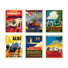 Wallbuddy Set of 6 Car Racing Grand Prix Posters F Poster Formula Poster Car racing Print Motor Racing Poster 1930, 1936, 1937, 1952, 1966, 1970 (5 x 7)