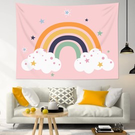 LB Boho Rainbow Tapestry Pink Sky Tapestry for Kids Bedroom Cartoon White Cloud with Stars Tapestries Wall Hanging for Living Room Dorm Wall Decor,60x40 inch