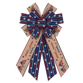 Large Patriotic 4th of July Bow for Wreath, Burlap Patriotic Wreath Bow for 4th of July Patriotic Décor USA Flag Wreath Bow for Front Door Indoor Outdoor Wall Tree Topper Decoration Supplies Ornament