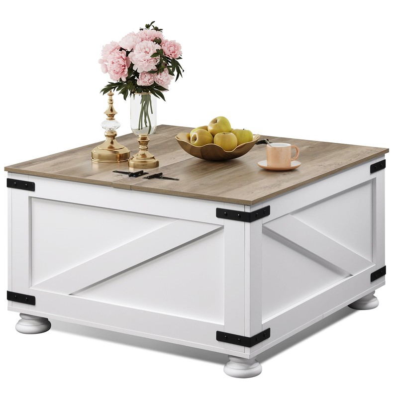 WLIVE Farmhouse Coffee Table, 31.5" Square Wood Center Table with