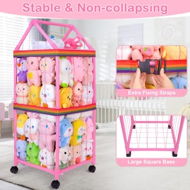 FIOBEE Stuffed Animals Storage Zoo with Wheels 360 Degree Movable Plushies Toy Storage Organizer Large Stuffed Animal Holder Cage with DIY Stickers for Nursery Play Room Kids Room Organization, Pink