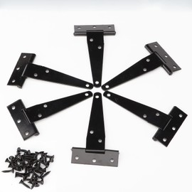 LGEGE T Strap Hinges 6 Pcs Set,Gate Hinges for Wooden Fences Heavy Duty,Black T-Strap Door Hinge 4 inch with Screws Kit Shed Barn Outdoor Gate