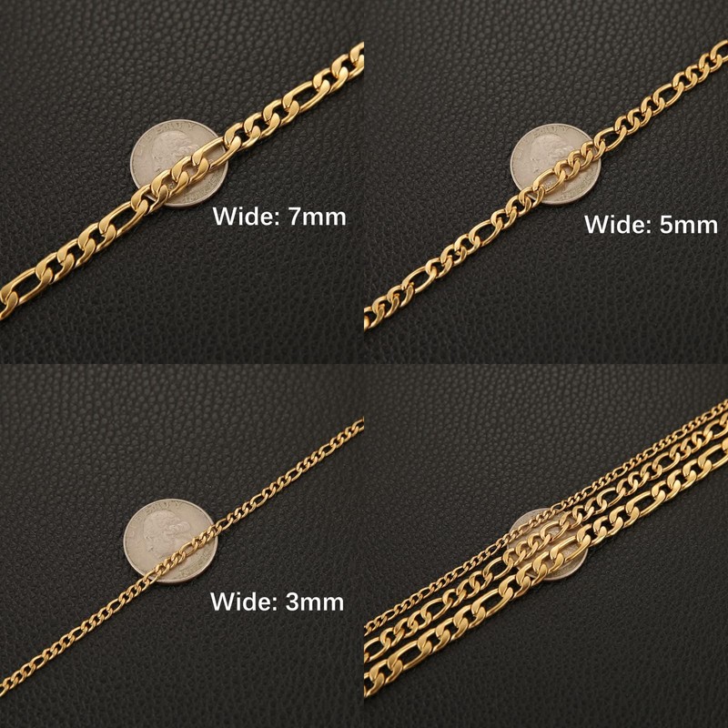 HZMAN Men Women 24k Real Gold Plated Figaro Chain Stainless