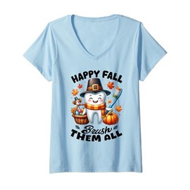 Womens Happy Fall Brush Them All Tooth Dentist Dental Autumn Funny V-Neck T-Shirt