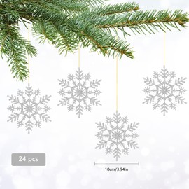 Pack of 24 Snowflakes Christmas Decoration, Christmas Tree Decoration, Christmas Glitter Snowflakes Pendants, Hanging Ornaments for Christmas Tree, Christmas Decoration (Silver)