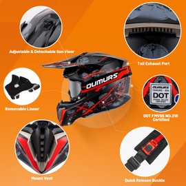 OUMURS Adult ATV Dirt Bike Helmet with Gloves & Mask Adjustable Sun Visor Motorcycle Adult Helmet Off-Road Motocross Downhill Moped MX for Unisex-Adult-Red Skull, M