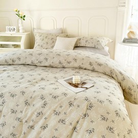 EAVD Garden Style Floral Comforter Set Twin XL Soft Washed Microfiber Beige Bedding Comforter Set with 2 Pillowcases Boho Reversible Floral Botanical Comforter Set for Teen Girl