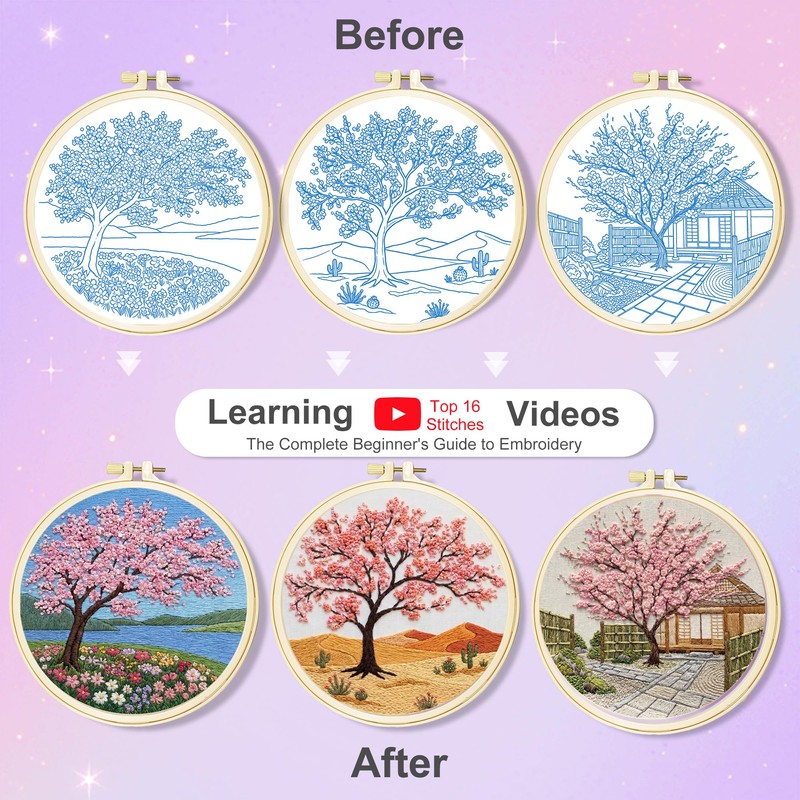Huacan Embroidery Kit for Adults Beginners with 3 Hoops &