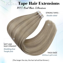 Vivien Tape-In Extensions, Real Hair Blonde Extensions, Tape-In Real Hair, Ash Blonde, Highted Blonde, Real Hair Extensions, Tape-In Hair Extensions, 30 cm, 30 g, 20 Pieces, #16/22