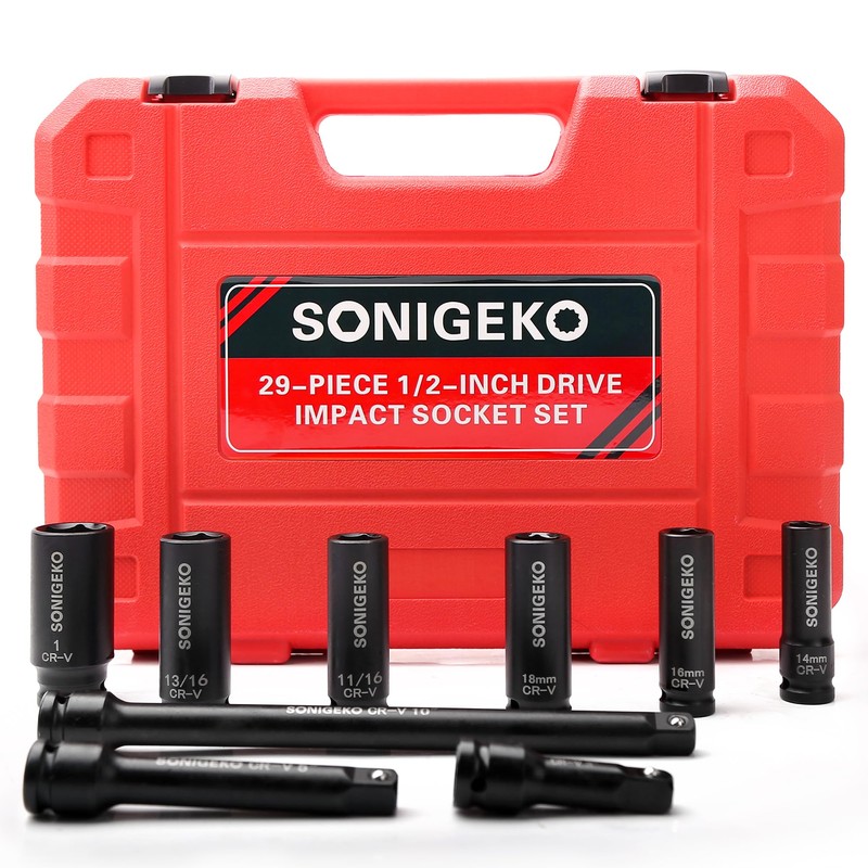 SONIGEKO 29-Piece 1/2" Drive Impact Socket Set - 6 Point