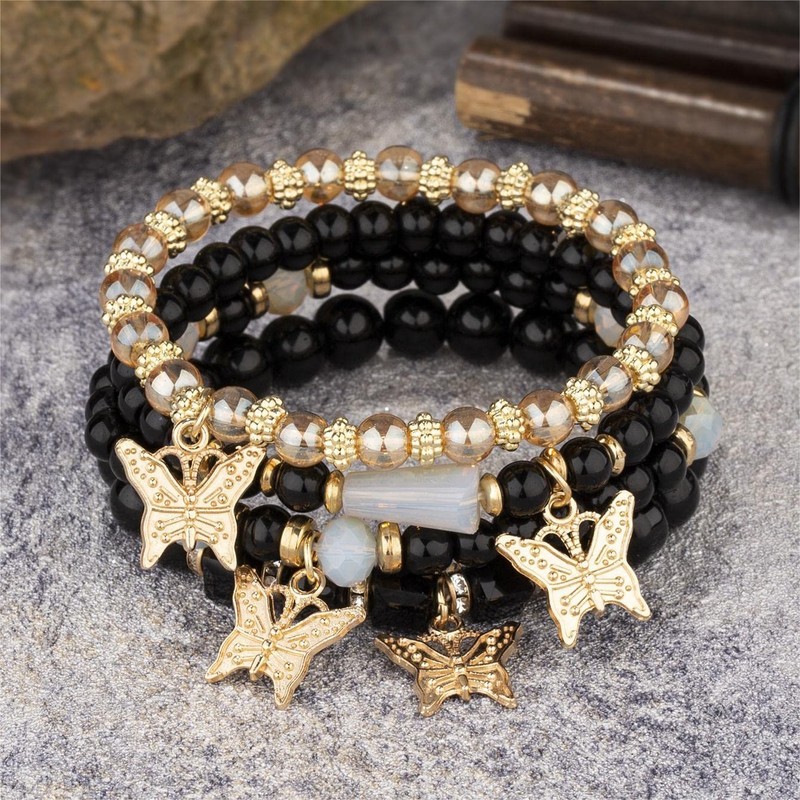 Fuqimanman2020 Boho 4pcs Butterfly Charm Gold Beaded Stackable Stretch Bracelet