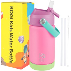 BOGI Children's Stainless Steel Water Bottle with Straw, Thermos Flask 350 ml BPA Free Leak-Proof Thermal Water Bottle for School-MPink 350 ml