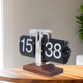 Flip Desk Clock, Easy to Read 24 Hours Auto Flip Clock Table Clock, Wood Base Retro Flip Down Clock Mechanical Flip Clock for Living Room Study Room (Black)