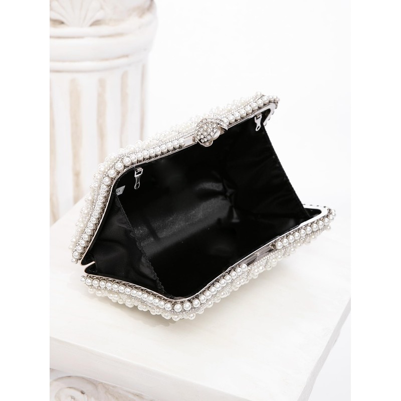 Zweig & Ewigkeit Elegant Silver Pearl Rhinestone Clutch Bag, White