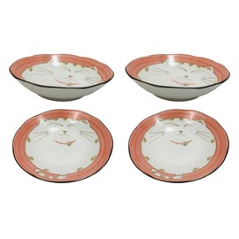 JapanBargain, Set of 4 Japanese Soup Bowls Shallow Porcelain Bowl for Curry Rice Cereal Poke Salad and Dessert, Maneki Neko Smiling Cat Pattern, Made in Japan, 8.5 inch, Pink Color