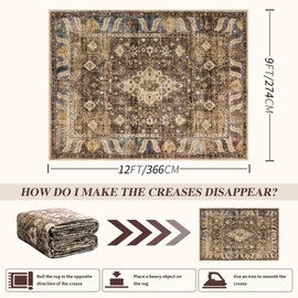 Area Rug 9x12 for Living Room Soft Machine Washable Low Pile Area Rugs Vintage Boho Bedroom,Dinner Room Non-Slip Carpet Rug - Brown