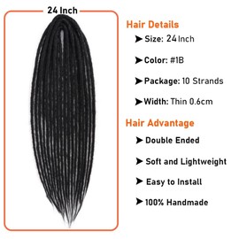 BRUNNACE Dreadlock Extensions 24inch Soft Crochet DE Dreads Reggae Style Synthetic Braiding Hair 10 Strands Handmade 0.6 cm Width Loc Extensions (24inch, 1B)