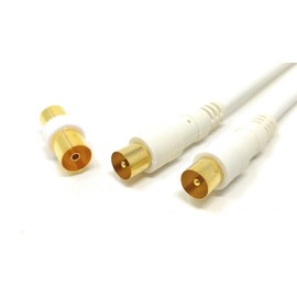 mCore 1.8m TV Aerial Coaxial Cable Male to Male, Satellite RF Antenna Coax RG59 Lead Gold Plated Connectors with Female Coupler (Straight, White, 1.8m)