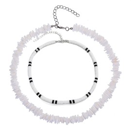 DouuYuhet White Clam Chips Shell Surfer Necklace For Men, Collar Choker Shells Necklace with Coconut Wood Beads with Extended Chain For Mens (A-A)