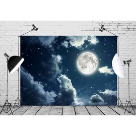 CORFOTO Fabric 7x5ft Moon Backdrop Photography Black Sky Cloud Full Moon Night Picture for Newborn Baby Shower Birthday Party Kids Girl Art Portrait Photoshoot Background Bedroom Wall Decor Props