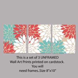 Coral Turquoise and White floral Bursts Dahlias peonies Wall Art - 8x10 ((Unframed))