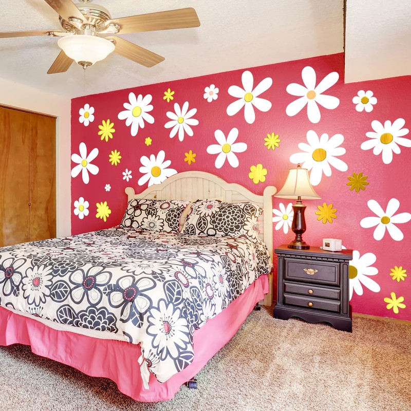Boho Daisy Floral Wall Decals 9 Sheets White Gold Flower