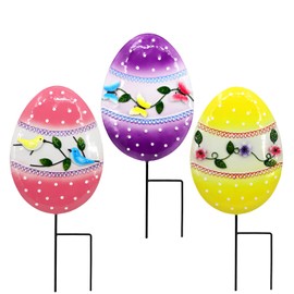 VinSees Easter Egg Metal Yard Stakes, Outdoor Holiday Decorations Set of 3, 17 Inch Metal Easter Garden Decor, Colorful Spring Lawn Ornaments, Waterproof Easter Gift