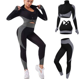 Veriliss 3pcs Seamless Outfit Workout Sets Gym for Women, Fitness Sports School Running Clothes Yoga Sportswear (BlackWhite M)