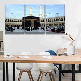 Mecca Mosque Wall Pictures Muslim People Praying at Kaaba in Makkah Wall Art for Living Room 3 Panel Tattoo Muslim Canvas Wall Art Modern Artwork Home Decor Framed Ready to Hang 16X24X3 INCH