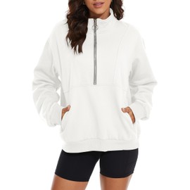 MISSACTIVER Women’s Oversized Half Zip Sweatshirt Quarter 1/4 Zipper Long Sleeve Drop Shoulder Pocket Pullover Jacket Tops(Small,White)