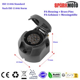 SPARKMOTO Trailer Socket 13 Pin with Metal Socket Mounting Bracket Waterproof Seal, 12 V Waterproof 13 Pin Trailer Socket, Car Towing Hitch 13-Pin Socket, According to ISO11446