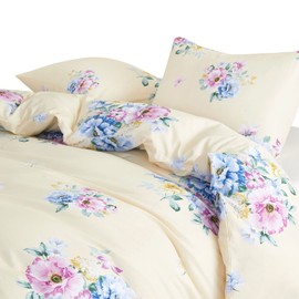 Wake In Cloud - Shabby Chic Comforter Set, Floral Farmhouse Cottagecore Vintage Colorful Pastel Spring Flowers, Soft Lightweight Bedding for Women Girls, 3 Pieces, Yellow, King Size