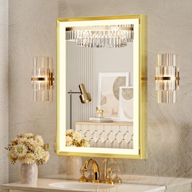 SNHOOR 20x28 Inch Led Bathroom Mirror, Gold Metal Framed Lighted Vanity Mirror, Wall Mounted Bathroom Mirror with Lights, 4000k Natural Light, Anti Fog, Hd Glass, Design Dimmable&Touch Switch