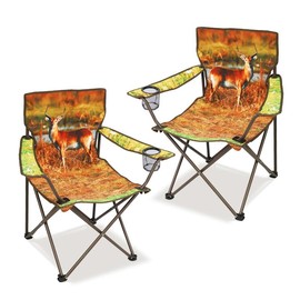 LANMOUNTAIN 2 Pcs Animal Pattern Camping Chair,Folding Backpacking Lightweight Beach Chair w/Cup Holder,Side Pocket,Carry Bag,Portable Lawn Chair for Adults Family Outdoor Hiking,Sika Deer
