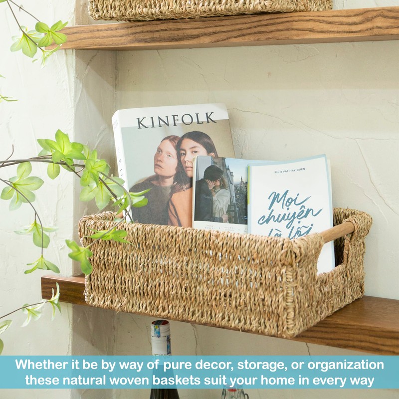 Large Natural Wicker Basket Rectangular with Wooden Handles, Seagrass Storage