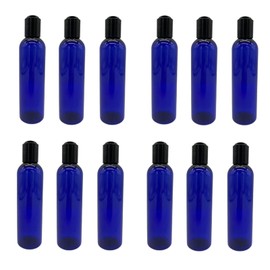 Natural Farms 4 oz Blue Cosmo Plastic Bottles -12 Pack Empty Bottle Refillable - BPA Free - Essential Oils - Aromatherapy | Black Press Down Disc Cap - Made in the USA