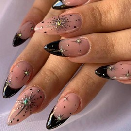 24Pcs Black French Tip Press on Nails Medium Almond Fake Nails with Colorful Rhinestone Design Glitter Acrylic Nails Silver Star False Nails Shiny Full Cover Artificial French Glue on Nails for Women