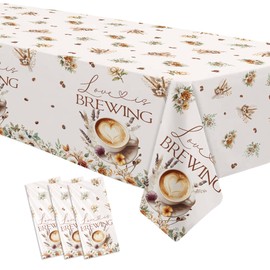 HOAKWA Love is Brewing Bridal Shower Tablecloth Decorations, 3 Pack Disposable Retro Floral Coffee Bridal Shower Party Table Cover Supplies for Engagement, 55in x 86in