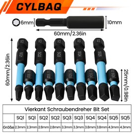 Square Bit for Screwdrivers, Pack of 10 Square Screwdriver Bit 25 mm + 60 mm, CYLBAQ Square Head Screwdriver Bits, SQ1, SQ2, SQ3, SQ4, SQ5 Screwdriver S2 Steel 1/4 Inch Magnetic Bit Holder