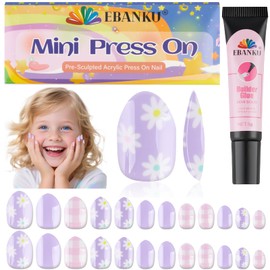 EBANKU 1 Pack Kind Falscher Nagel, 24 Stück Presse auf Nägel Kinder Violette Blume Presse auf Nagel kurze künstliche falsche Nägel Kits für Mädchen