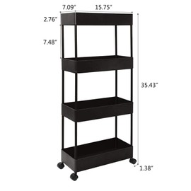 JAKAGO 4-Tier Utility Rolling Storage Cart Slim Mobile Shelves on Wheels Multi-Function Trolley with Mesh Basket Storage Organizer Rack for Kitchen Pantry Bathroom Laundry (Black)