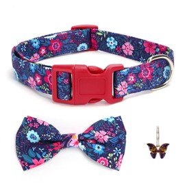 Coralup Dog Floral Collar with Bow Tie Birthday Comfortable Cotton Dog Collar Bowtie Adjustable Cute Large Collar for Girl Boy Dog, L, Neck 15-24in,Red
