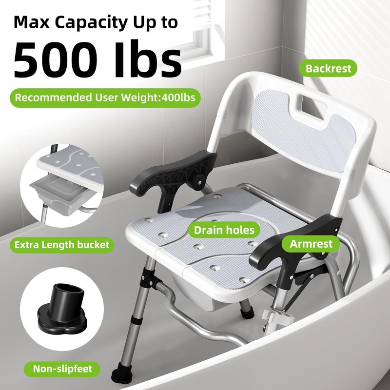 3-in-1 Shower Chair for Seniors, Foldable Bedside Commode, Height Adjustable
