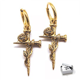 Gothic Rose Cross Earrings for Women, Vintage Religious Dangle Hoop Earrings with Detachable Pendant, 316L Stainless Steel Thorns Cross Drop Earrings, Gold/Silver, Medium, 316L Steel, 0